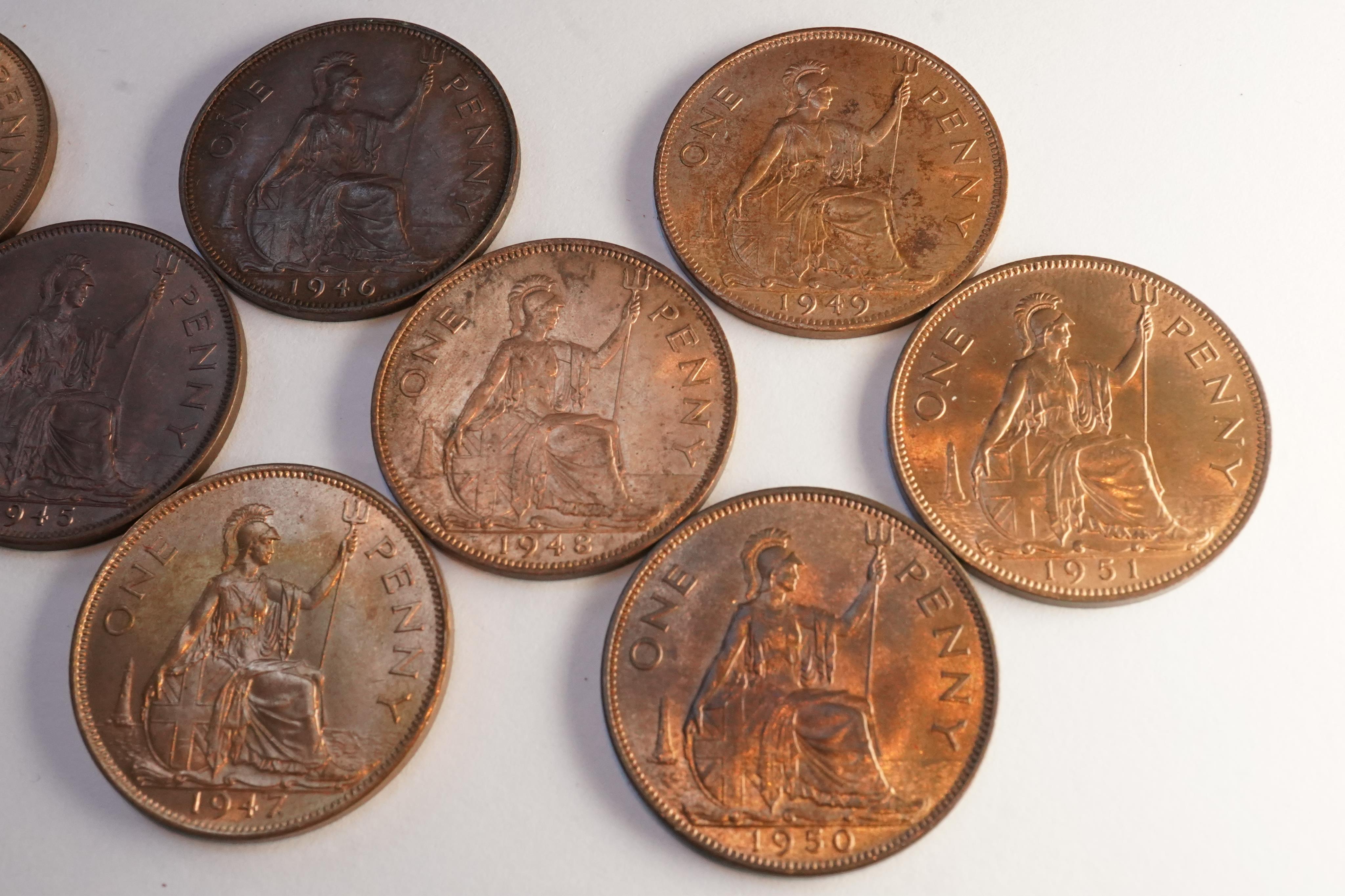 John Hill Collection., British coins, George VI and Elizabeth II, a date set of pre-decimal bronze pennies (1937-1967), S. 4114, S. 4154 and S. 4157, excludes 1941-43 and 1954-60, ranging from EF to UNC, many with full l